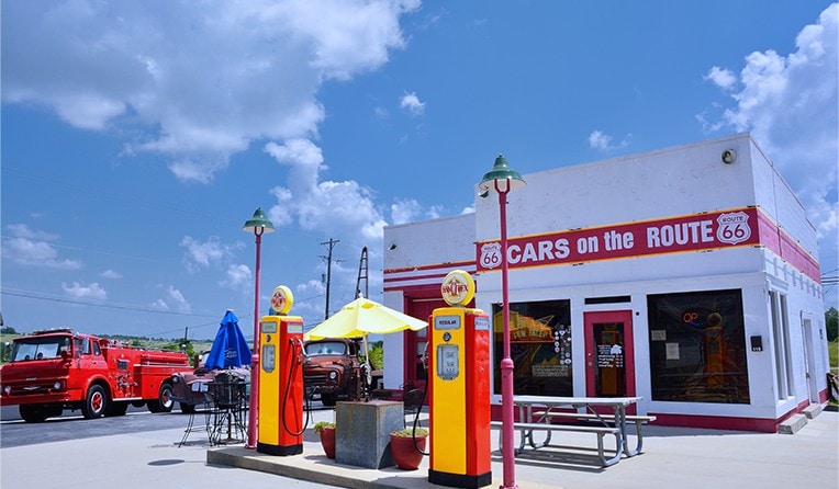 A historic gas station featuring a fire truck at Kansas' Route 66.