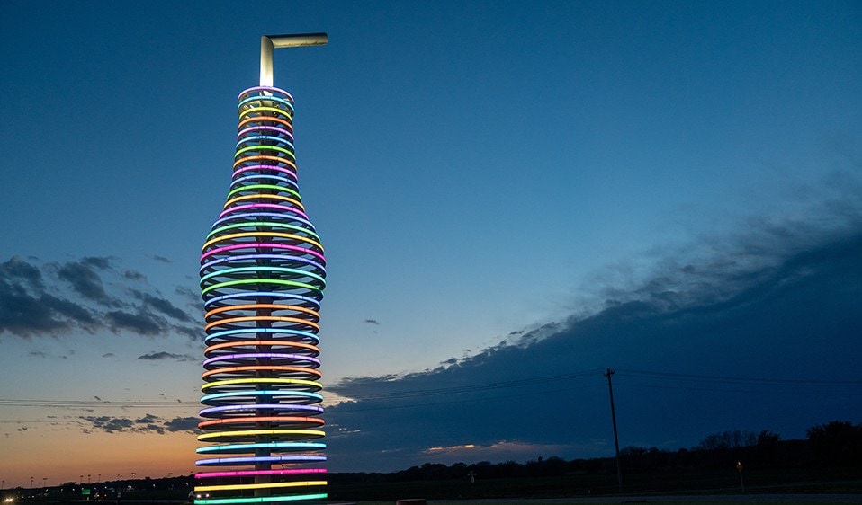 Coca cola bottle tower at dusk, omaha, nebraska.