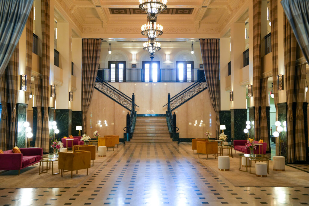 The elegant foyer of the Mayo Hotel in Tulsa, Oklahoma