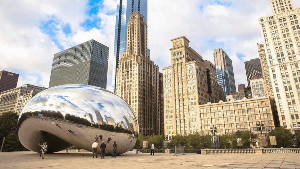 The shiny Cloud Gate sculpture, known as The Bean, in Millennium Park in Chicago, Illinois