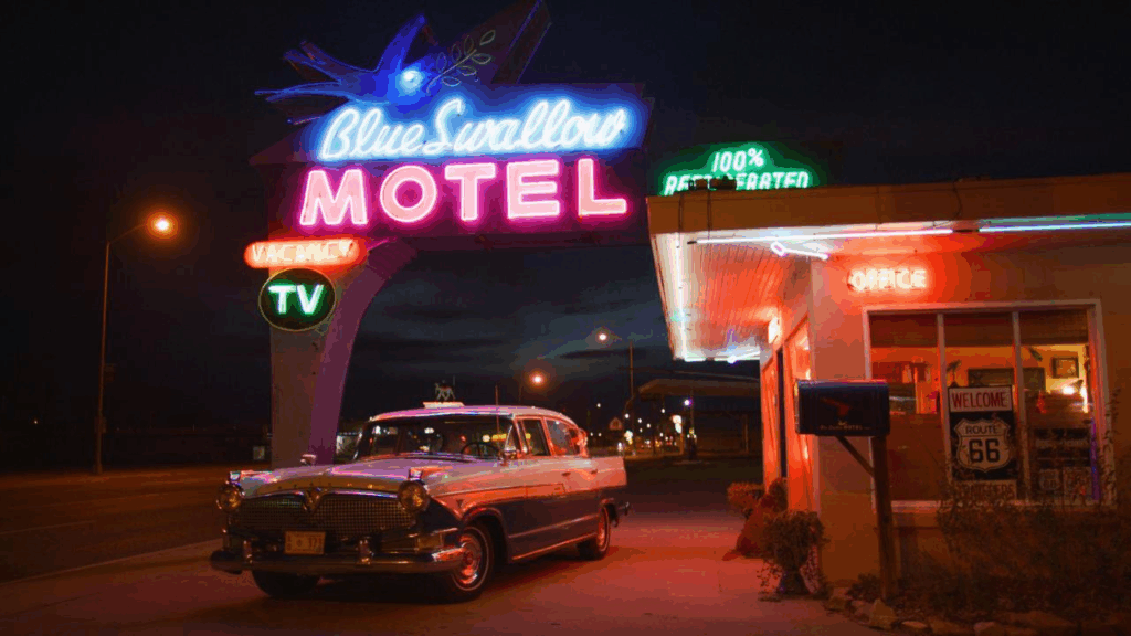 A vintage car and neon sign with the words illuminated outside the Blue Swallow Motel in Tucumcari, New Mexico