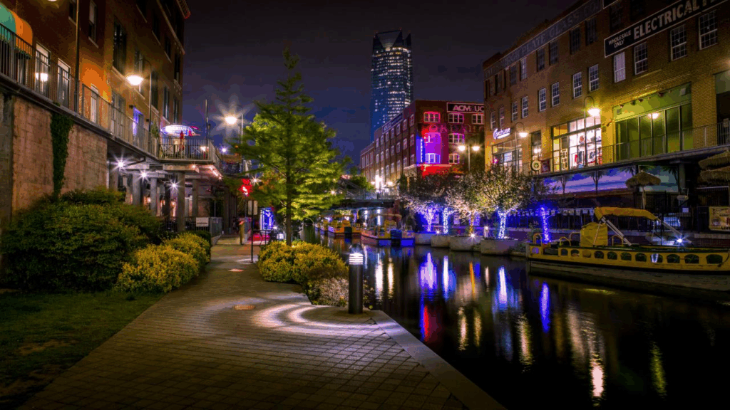 Evening view of the Bricktown Canal in Oklahoma City, Oklahoma