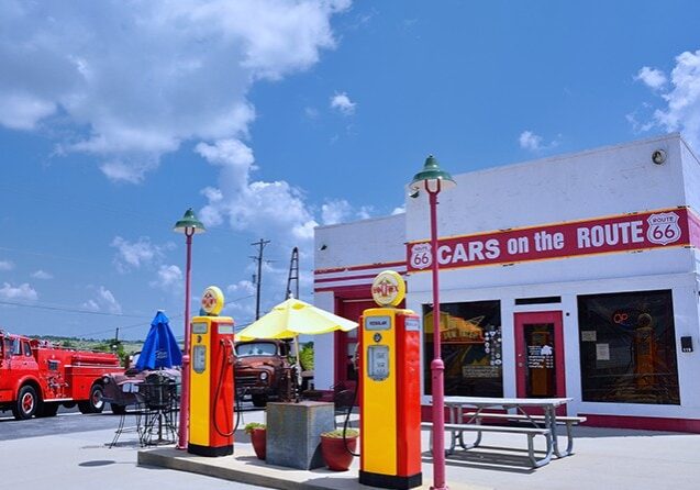 A historic gas station featuring a fire truck at Kansas' Route 66.